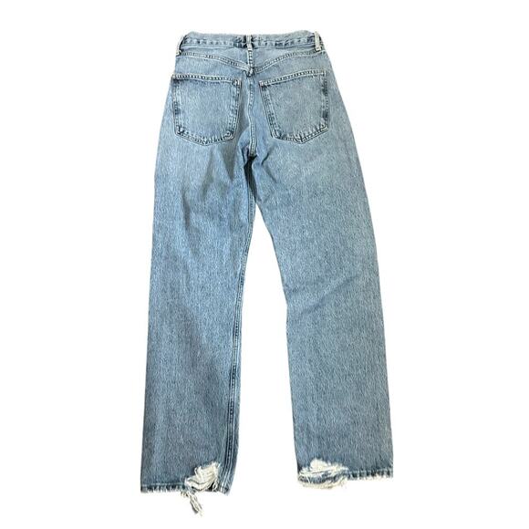 Agolde 90s High Rise Straight Jean Medium Indigo Knee Destruction Size 25 - Picture 12 of 13